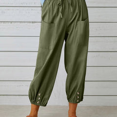Army green relaxed-fit trousers with elastic waist, drawstring, side pockets, button cuff hem.