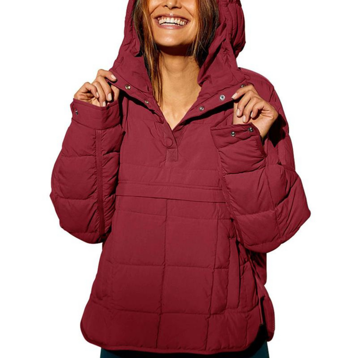 Claret oversized hooded pullover jacket with button front and chest pockets