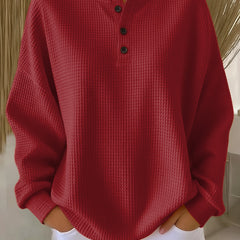 Red waffle henley sweatshirt with dark buttons and long sleeves
