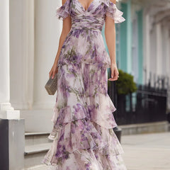 Lavender floral cold-shoulder tiered maxi dress with flutter sleeves and layered ruffles