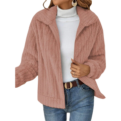 Mauve-pink zip-up teddy fleece jacket with raised collar and full front zipper.