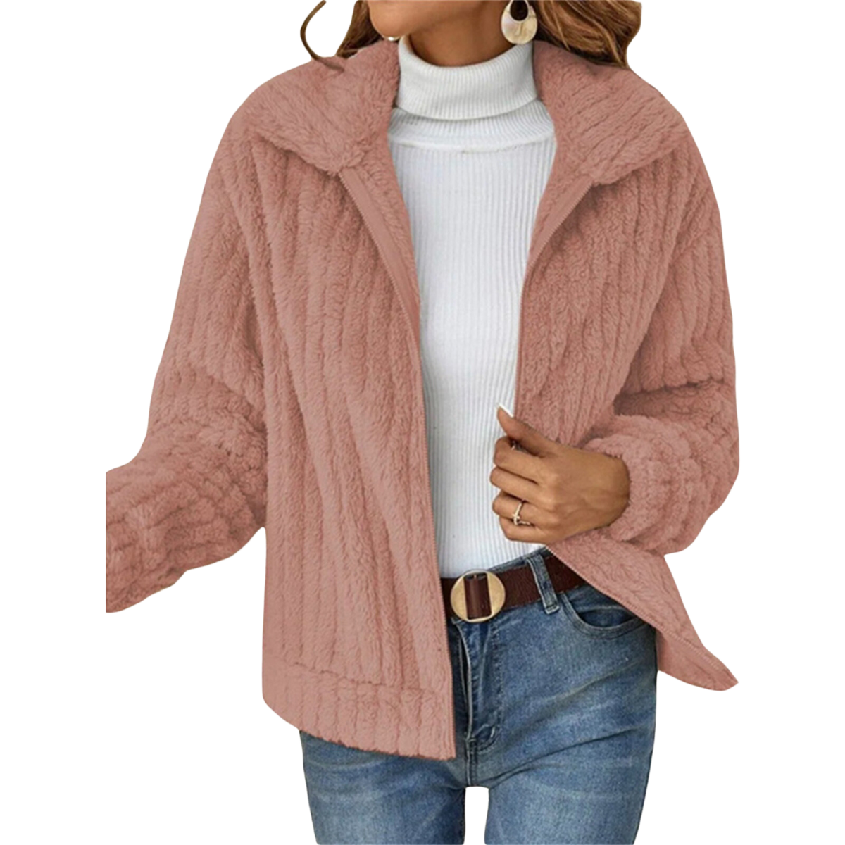 Mauve-pink zip-up teddy fleece jacket with raised collar and full front zipper.