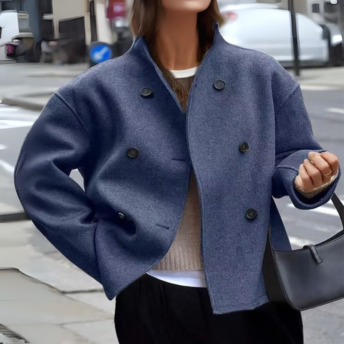 Blue long-sleeve stand-collar coat with double-breasted button front