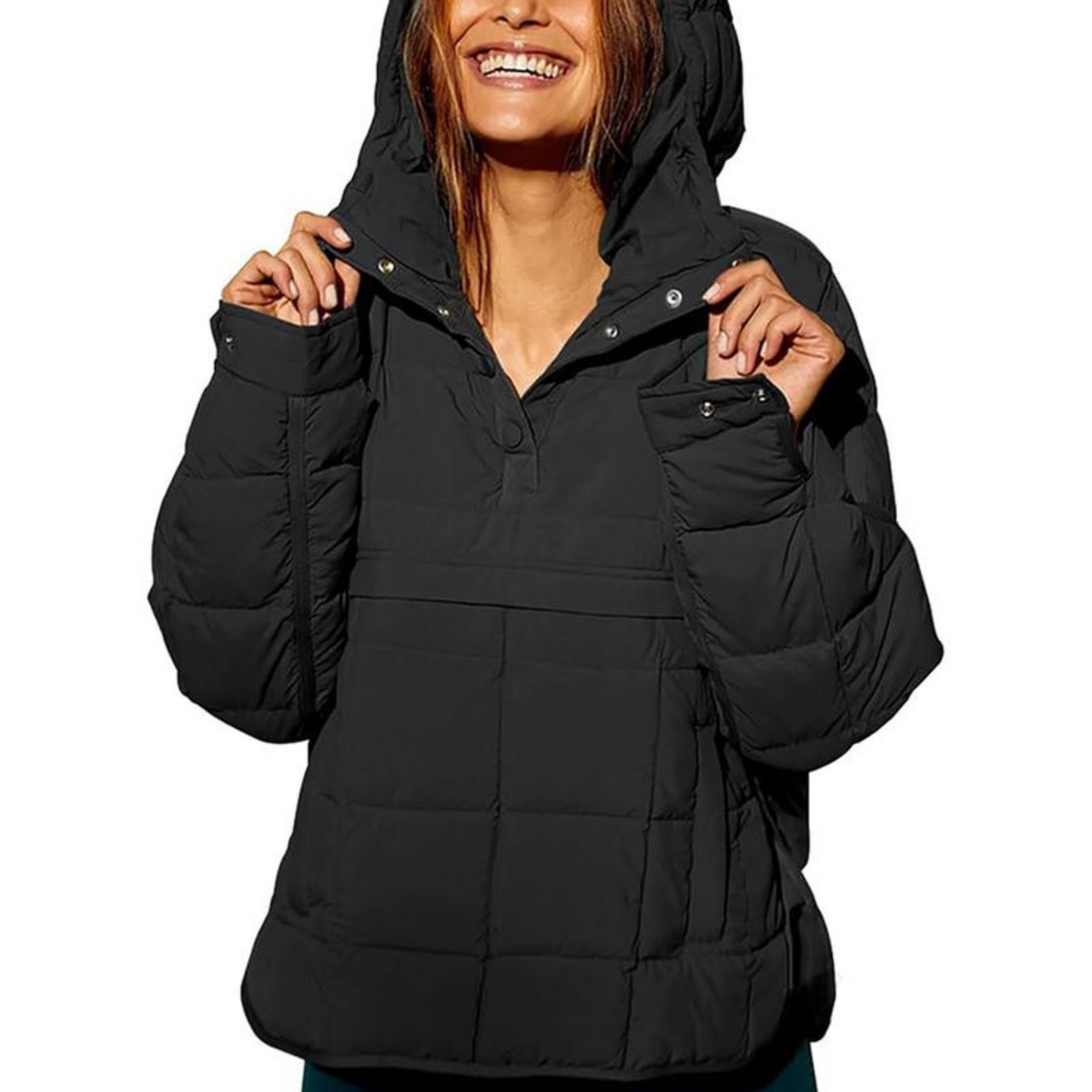 Black oversized hooded pullover jacket with button front and chest pockets