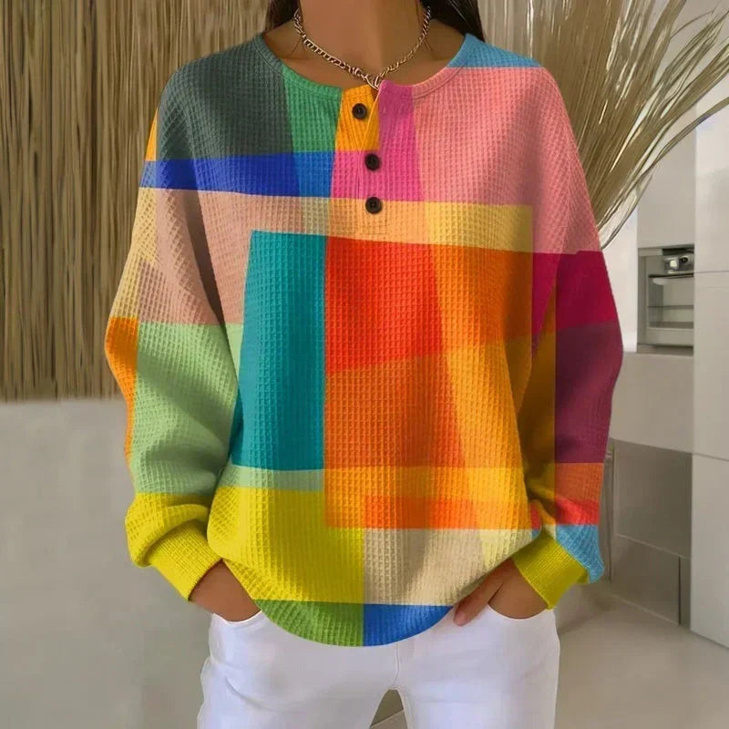 Multicolor block plaid knit sweater, long sleeves, henley button front