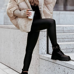 Light beige plush hooded jacket with zip front and faux-fur hood lining