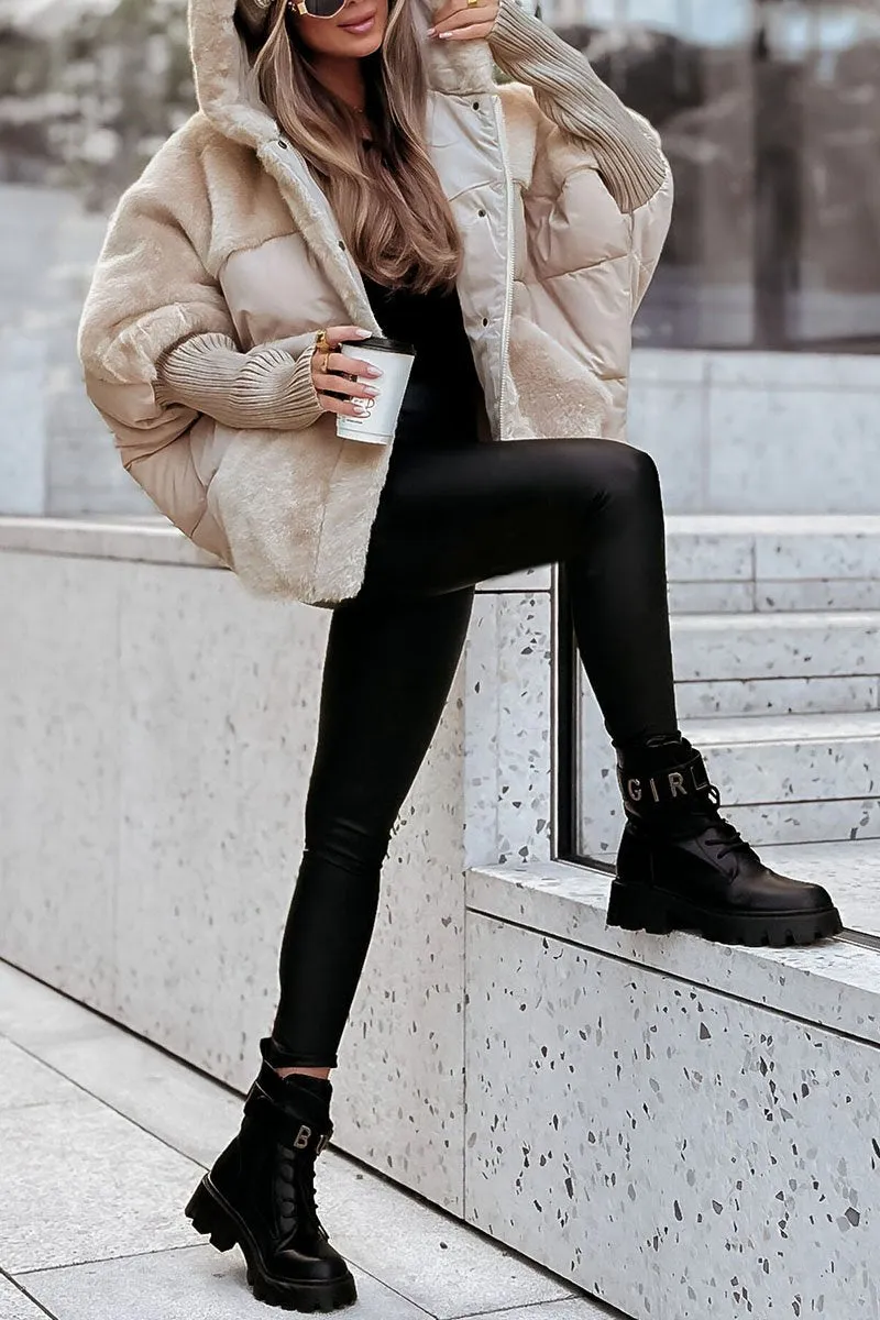 Light beige plush hooded jacket with zip front and faux-fur hood lining