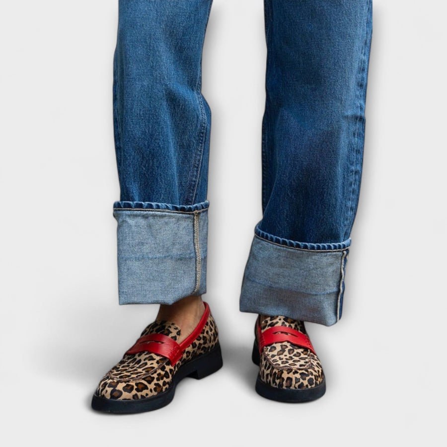 SABINE leopard print loafers with red trim and slip-on design
