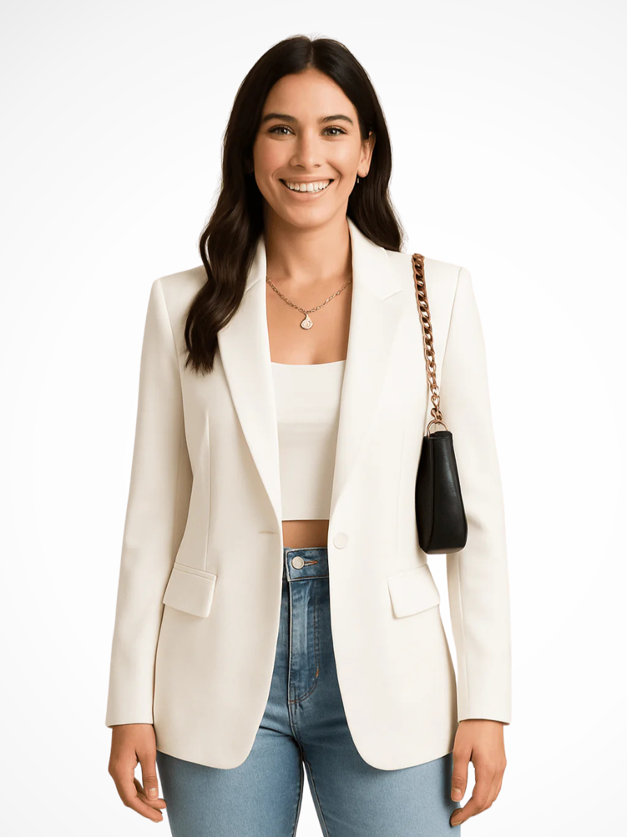 White tailored blazer with notched lapels, long sleeves, and front button closure