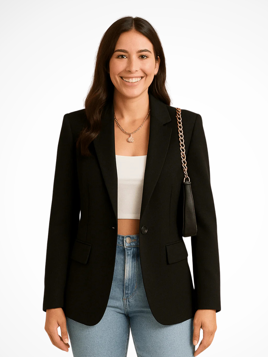 Black tailored blazer with notched lapels, long sleeves, and front button closure