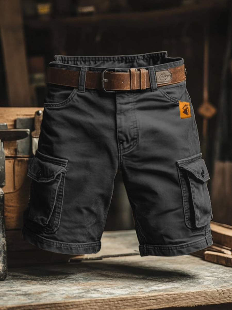 Black cargo shorts with belt, front fly, and two cargo side pockets