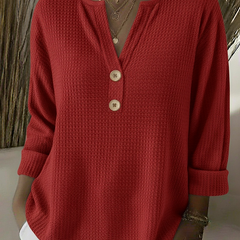 Red henley button top, waffle-knit long sleeve with V-neck and three buttons