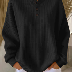 Black waffle henley sweatshirt with buttoned placket and long sleeves