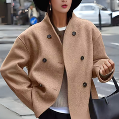 Camel beige long-sleeve stand-collar coat with double-breasted buttons