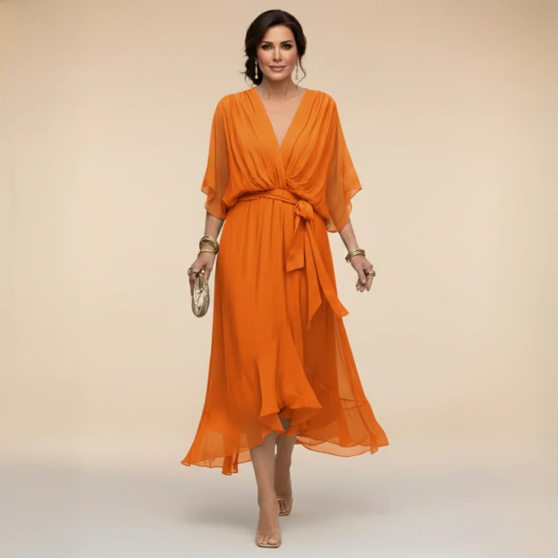 Orange V-neck wrap midi dress with draped sleeves and tied waist