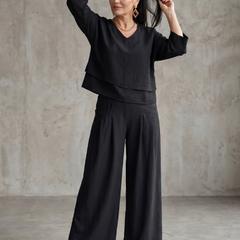 Black layered V-neck top with wide-leg pants set, front full-length