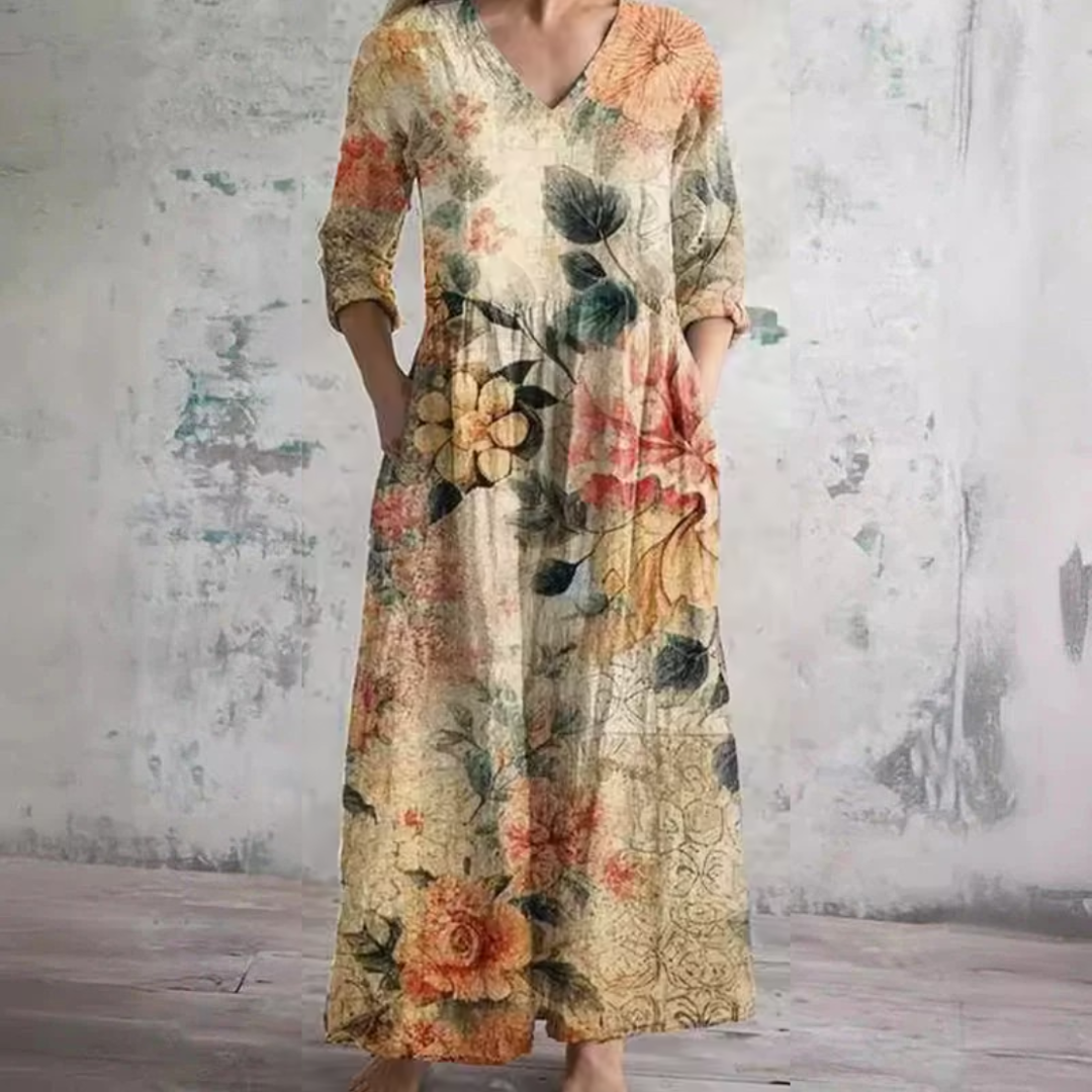 TIARA floral summer dress with multicolor print, V-neck, 3/4 sleeves