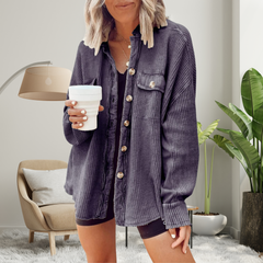 Cozy loose-fit batwing button-down jacket in dark blue, textured knit, chest patch pocket