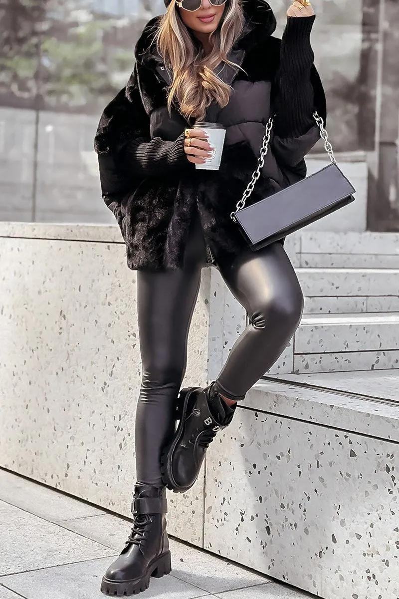 Black plush hooded jacket with zip front, faux-fur hood, ribbed cuffs