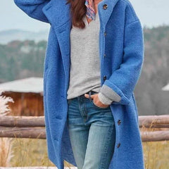Blue hooded long coat with button front and relaxed fit