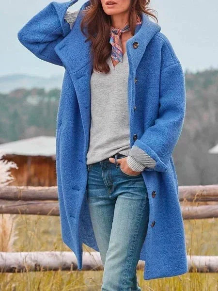 Blue hooded long coat with button front and relaxed fit