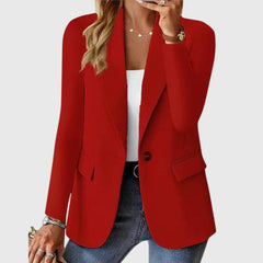 Red blazer with notch lapel, single-breasted button closure, flap pockets and side vents.