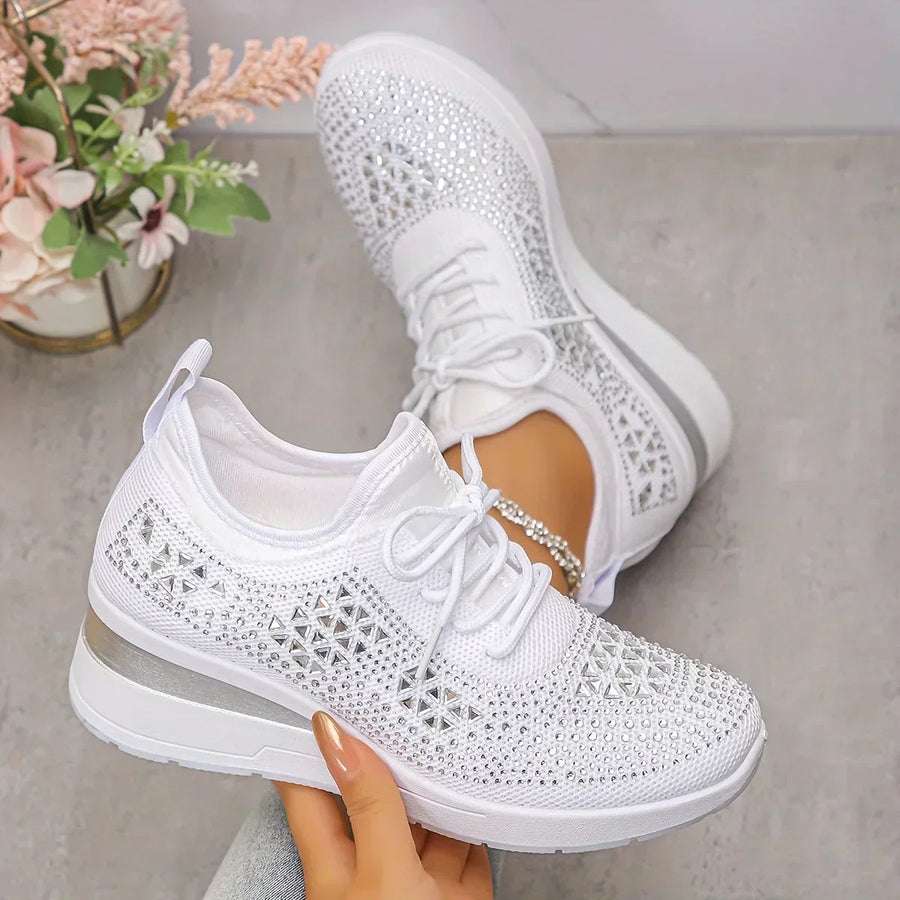 White orthopaedic trainers, lace-up knit with textured diamond side detail and white sole