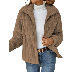 Brown zip-up teddy fleece jacket with raised collar and full front zipper.