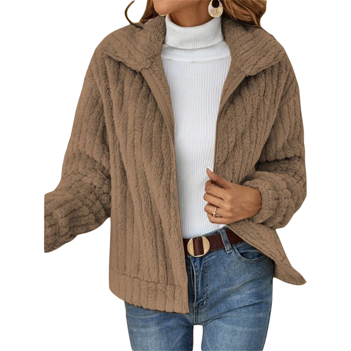 Brown zip-up teddy fleece jacket with raised collar and full front zipper.