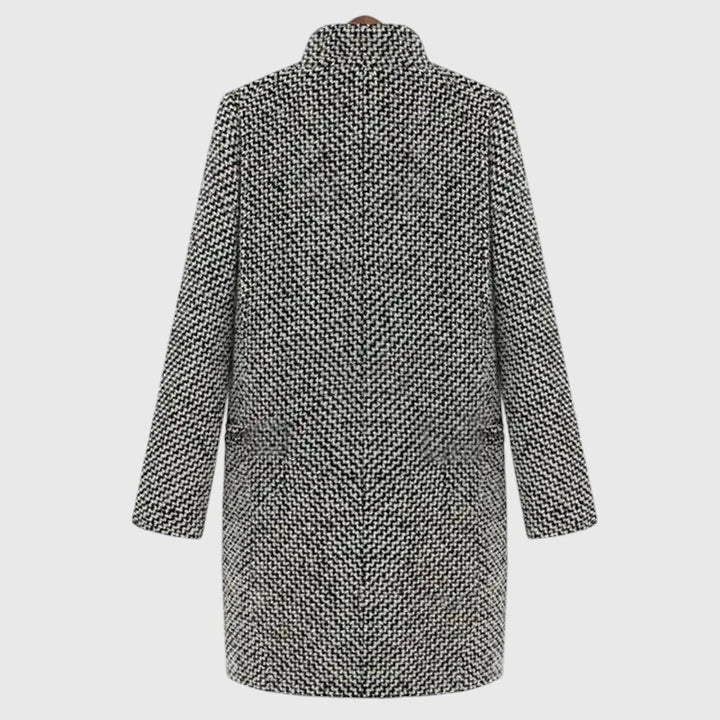 Gray herringbone long coat with stand collar and back button detail