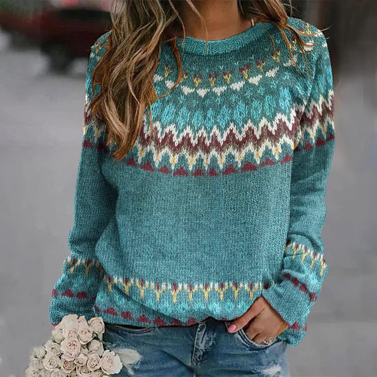 Teal retro fair isle knit sweater with crew neck, long sleeves, and patterned yoke
