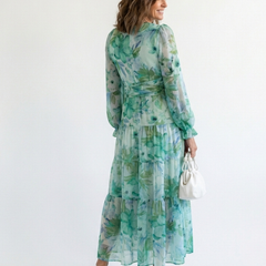 Althea long sleeve floral maxi dress, teal-green floral print, long sleeves and back