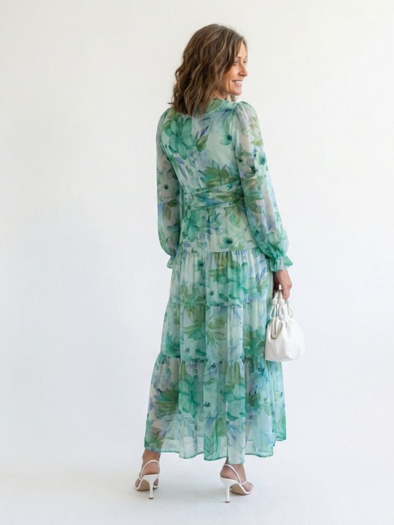 Althea long sleeve floral maxi dress, teal-green floral print, long sleeves and back
