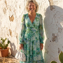 Althea long sleeve floral maxi dress in teal-green with tiered skirt and V-neck