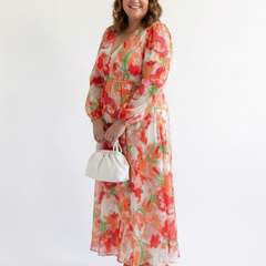 Althea long sleeve floral maxi dress, coral-orange floral print, tiered skirt and V-neck