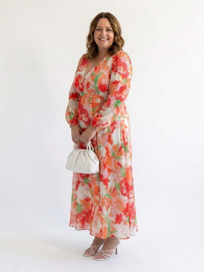 Althea long sleeve floral maxi dress, coral-orange floral print, tiered skirt and V-neck