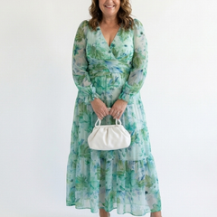 Althea long sleeve floral maxi dress, teal-green floral print, V-neck and gathered waist
