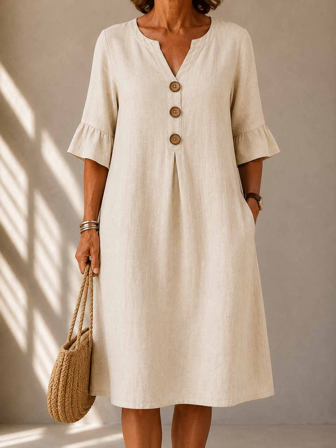 Light beige button-front midi dress with V-neck and three-quarter ruffle sleeves