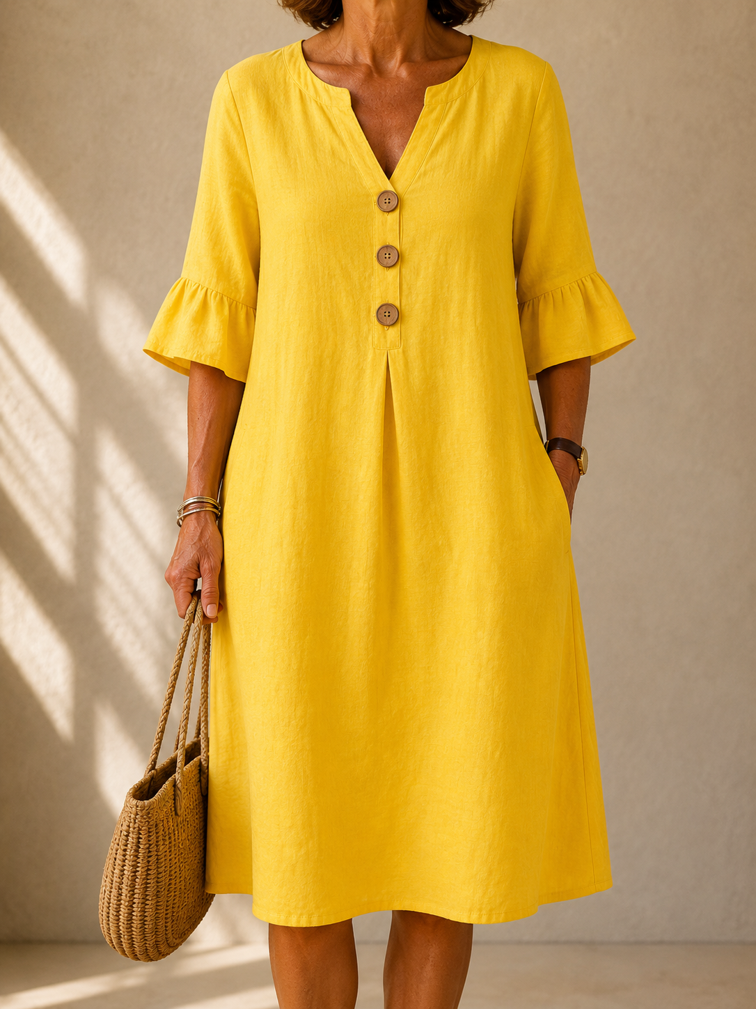 Yellow button-front midi dress with V-neck and three button placket, bell sleeves
