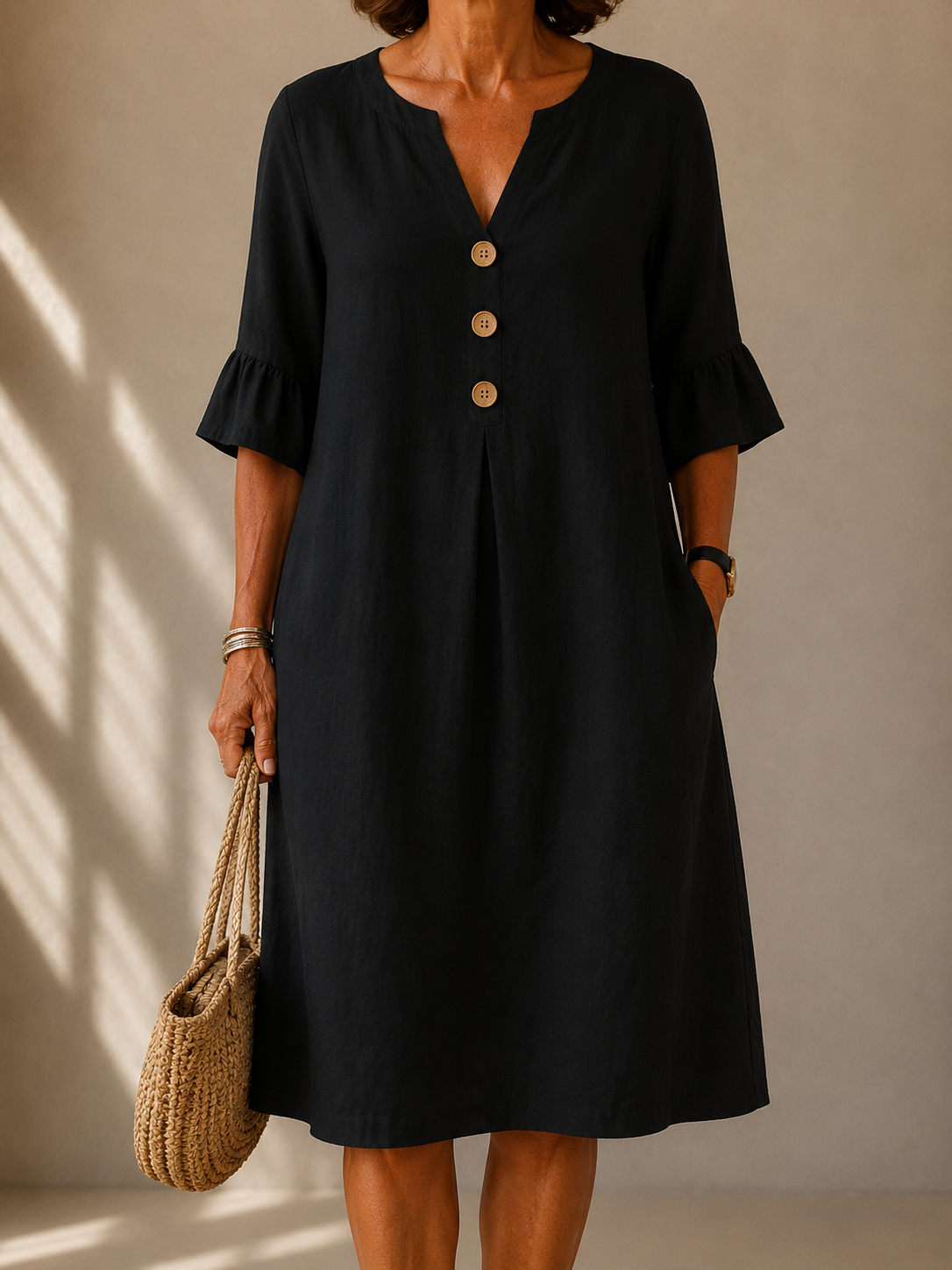 Black button-front midi dress, V-neck, short bell sleeves