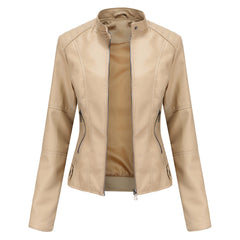Apricot-beige sleek zip-up jacket with stand collar and front zipper