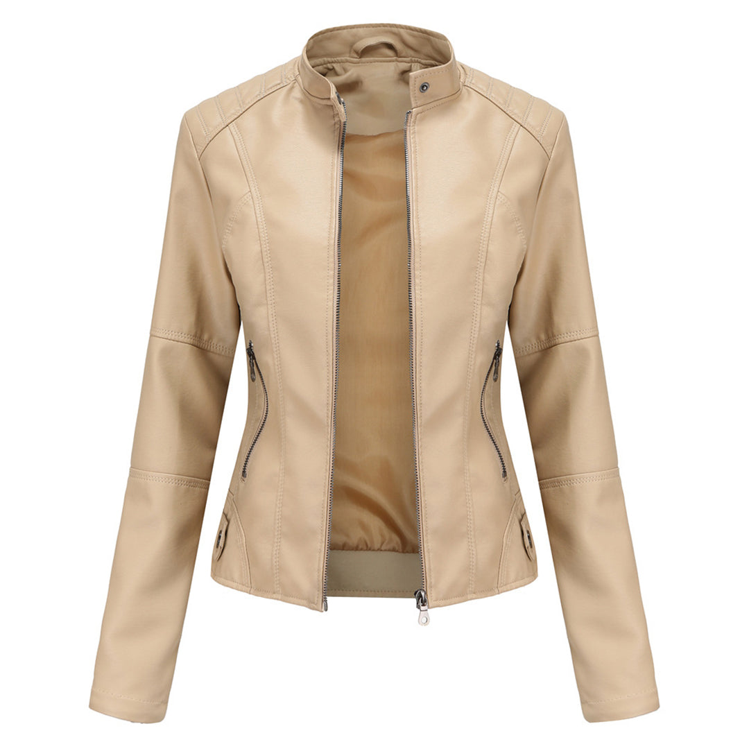 Apricot-beige sleek zip-up jacket with stand collar and front zipper