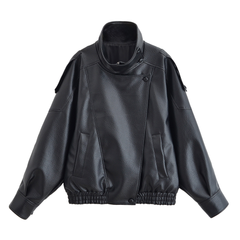 Black faux leather jacket with stand collar, snap front, textured grain, elastic hem
