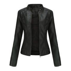 Black sleek zip-up jacket with stand collar and front zipper