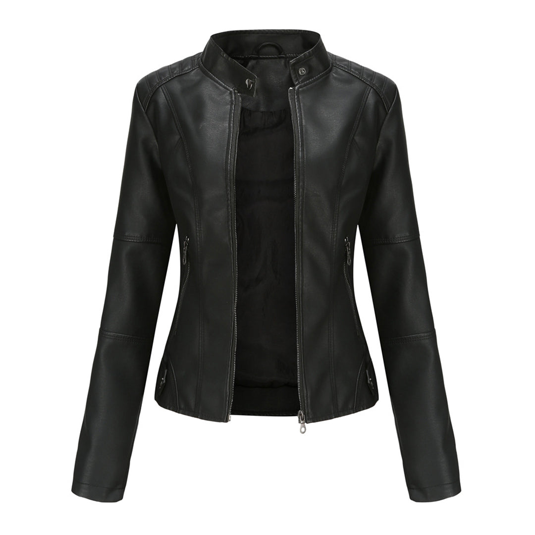 Black sleek zip-up jacket with stand collar and front zipper