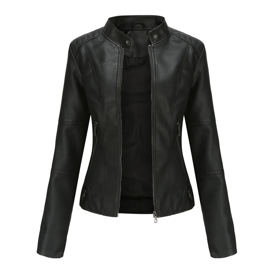Black sleek zip-up jacket with stand collar and front zipper