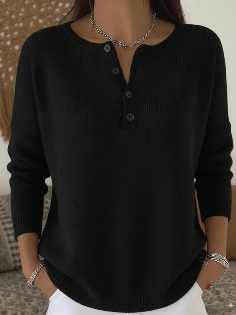 Black henley button-up knit sweater with front button placket