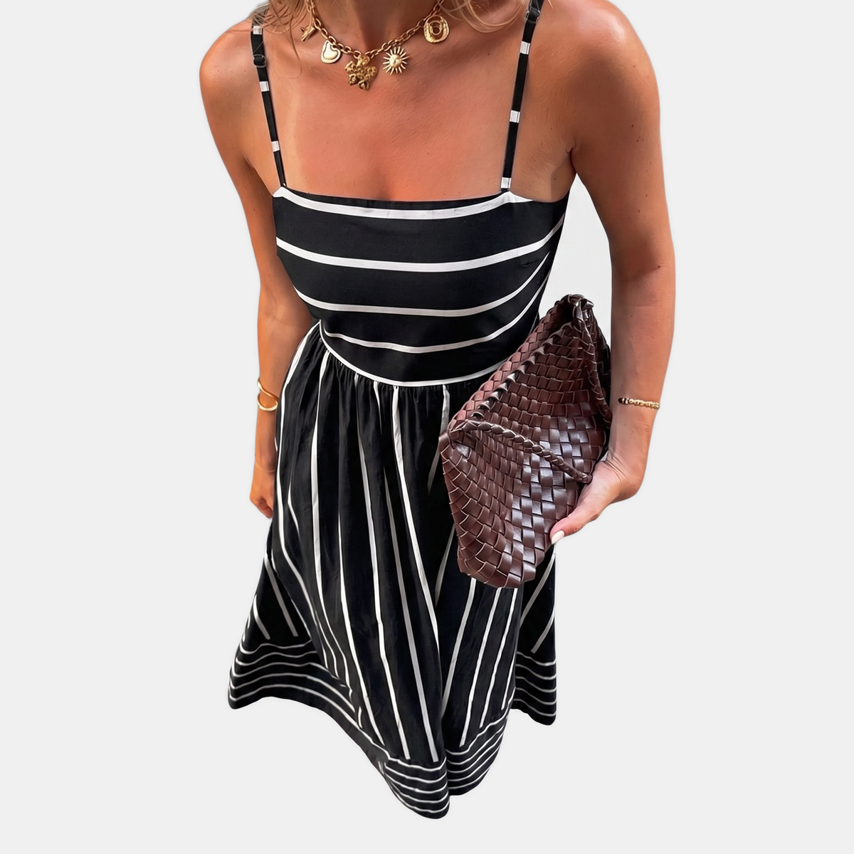 Black striped thin-strap maxi dress with square neckline and gathered waist skirt