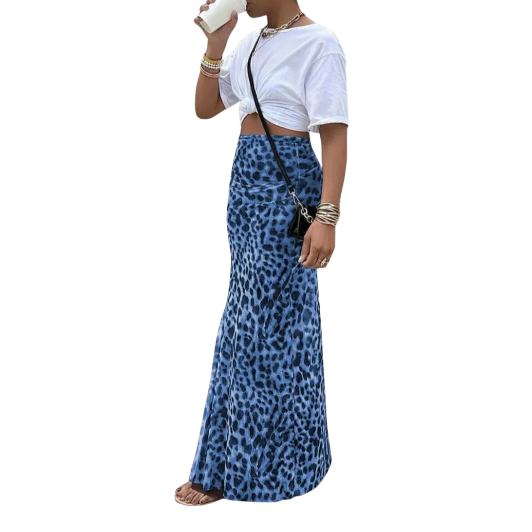 Blue leopard print fishtail midi skirt with a swaying A-line shape