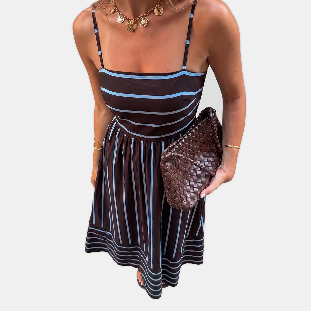 Dark blue striped thin-strap maxi dress with square neckline and gathered waist skirt